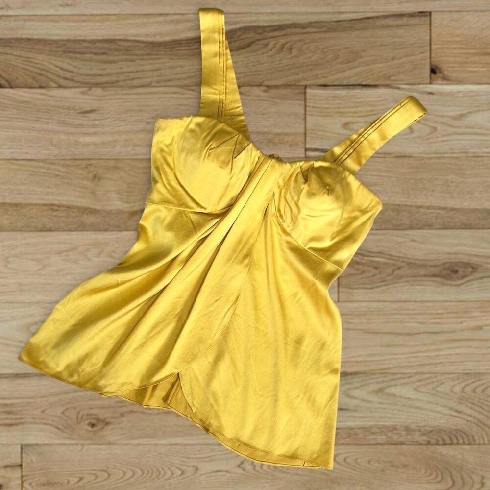 Vintage Jasmine de Milo luxury yellow silk pleated asymmetrical blouse tank top